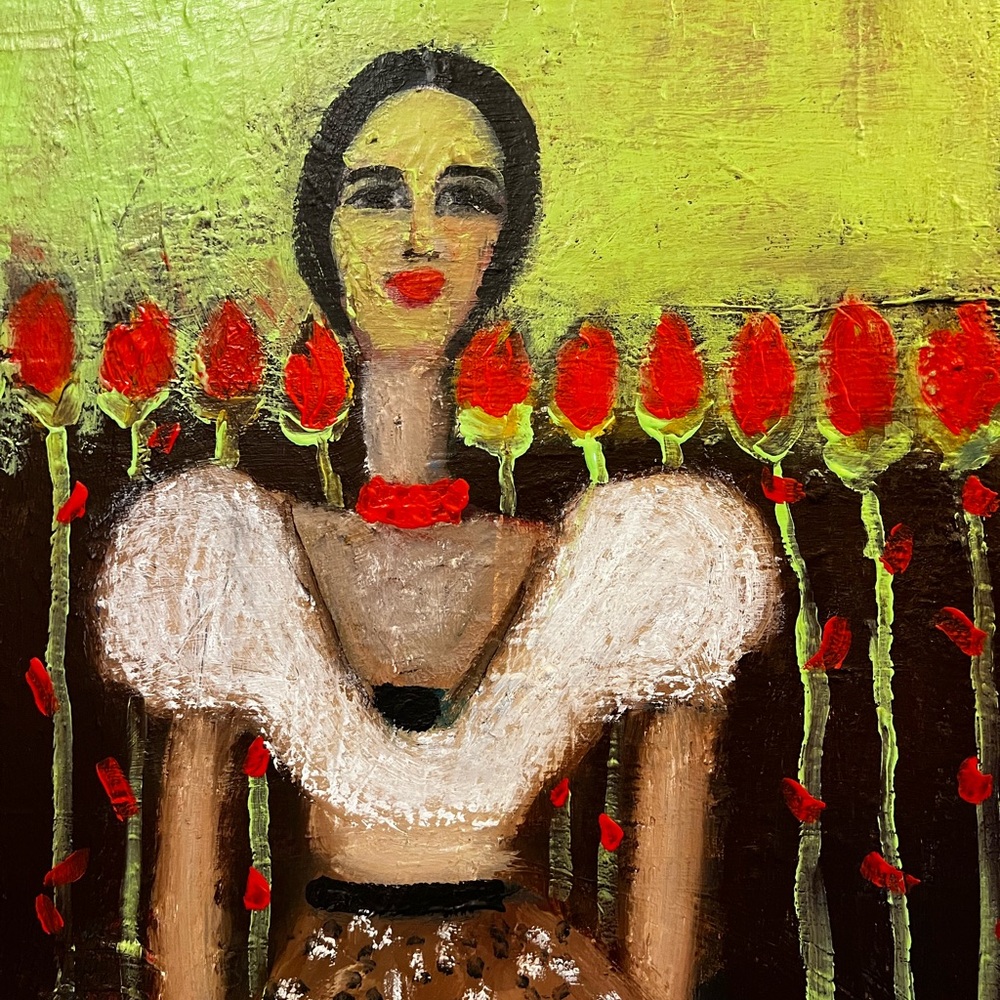 Handmade Floral Woman Painting - Red & Green Home Art